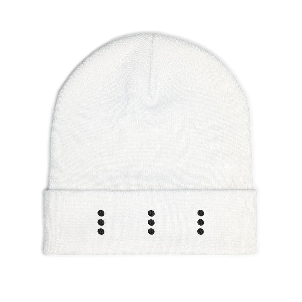 Embroidered Minimal Dot Knit Beanie — Modern Grey Cuffed Winter Hat
