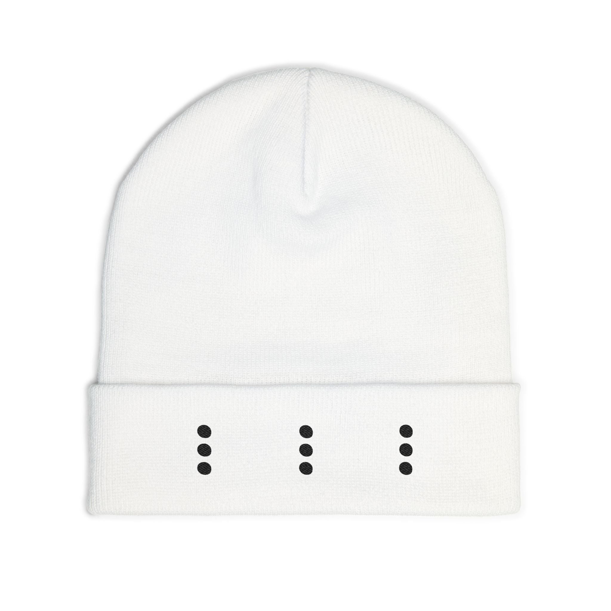 Embroidered Minimal Dot Knit Beanie — Modern Grey Cuffed Winter Hat