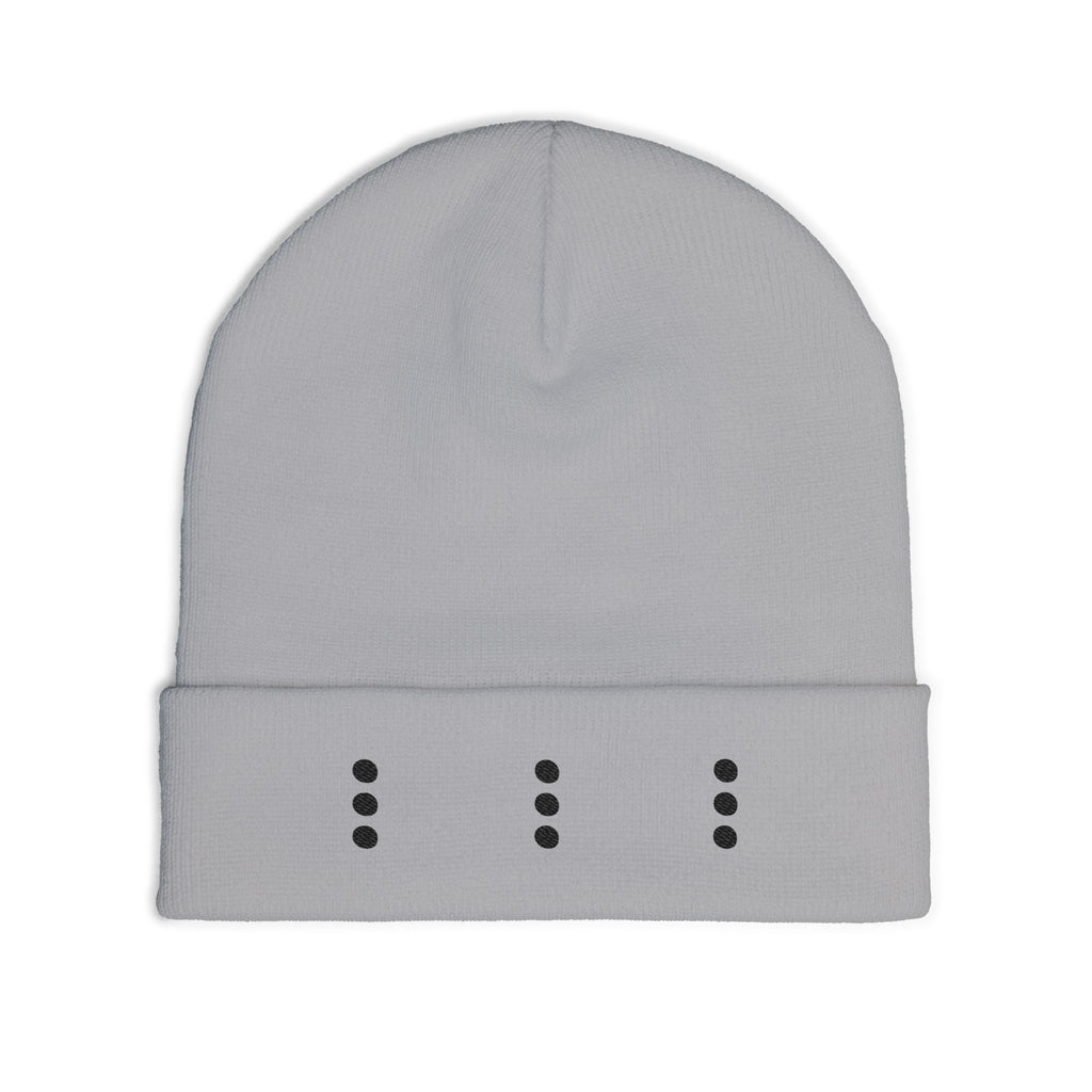 Embroidered Minimal Dot Knit Beanie — Modern Grey Cuffed Winter Hat