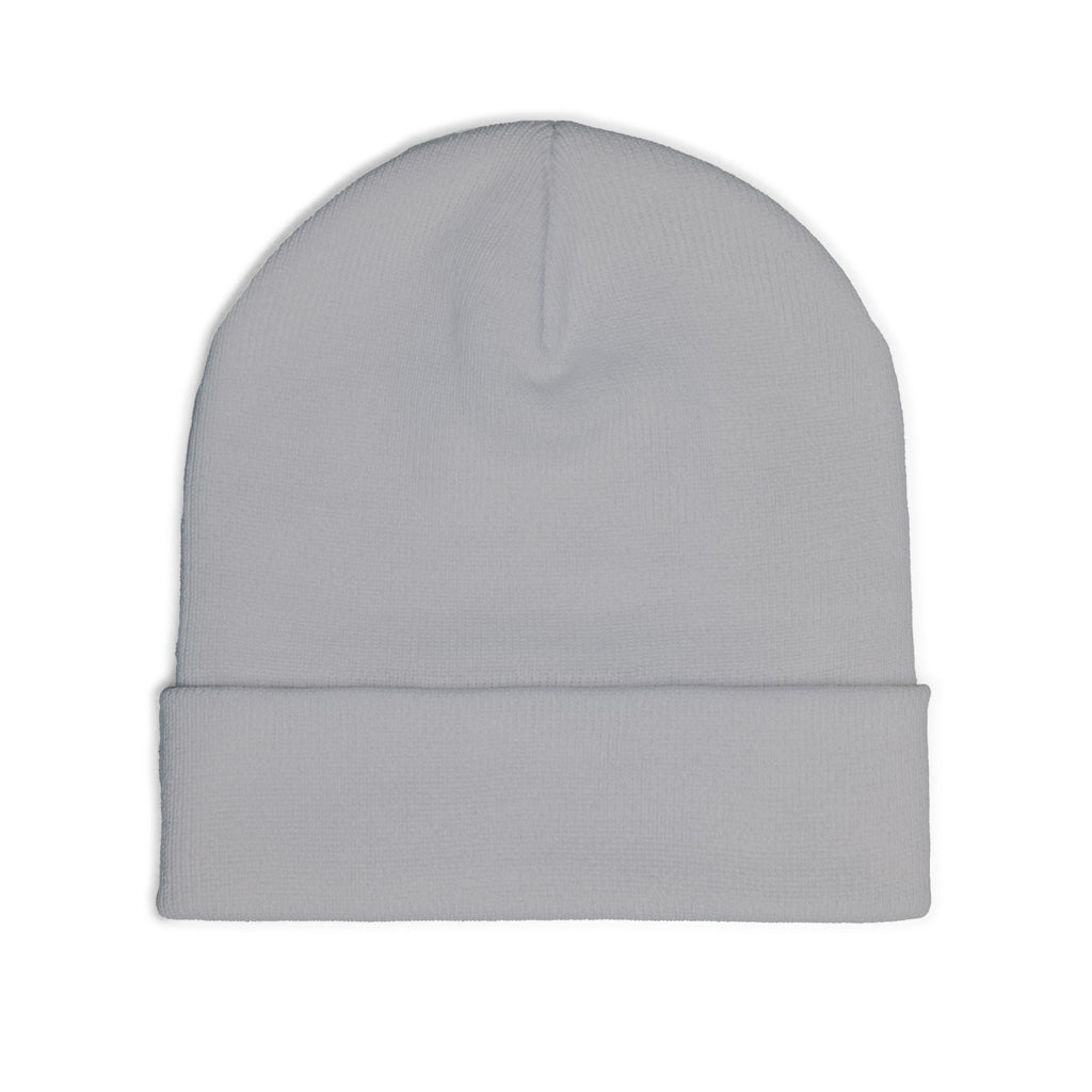 Embroidered Minimal Dot Knit Beanie — Modern Grey Cuffed Winter Hat