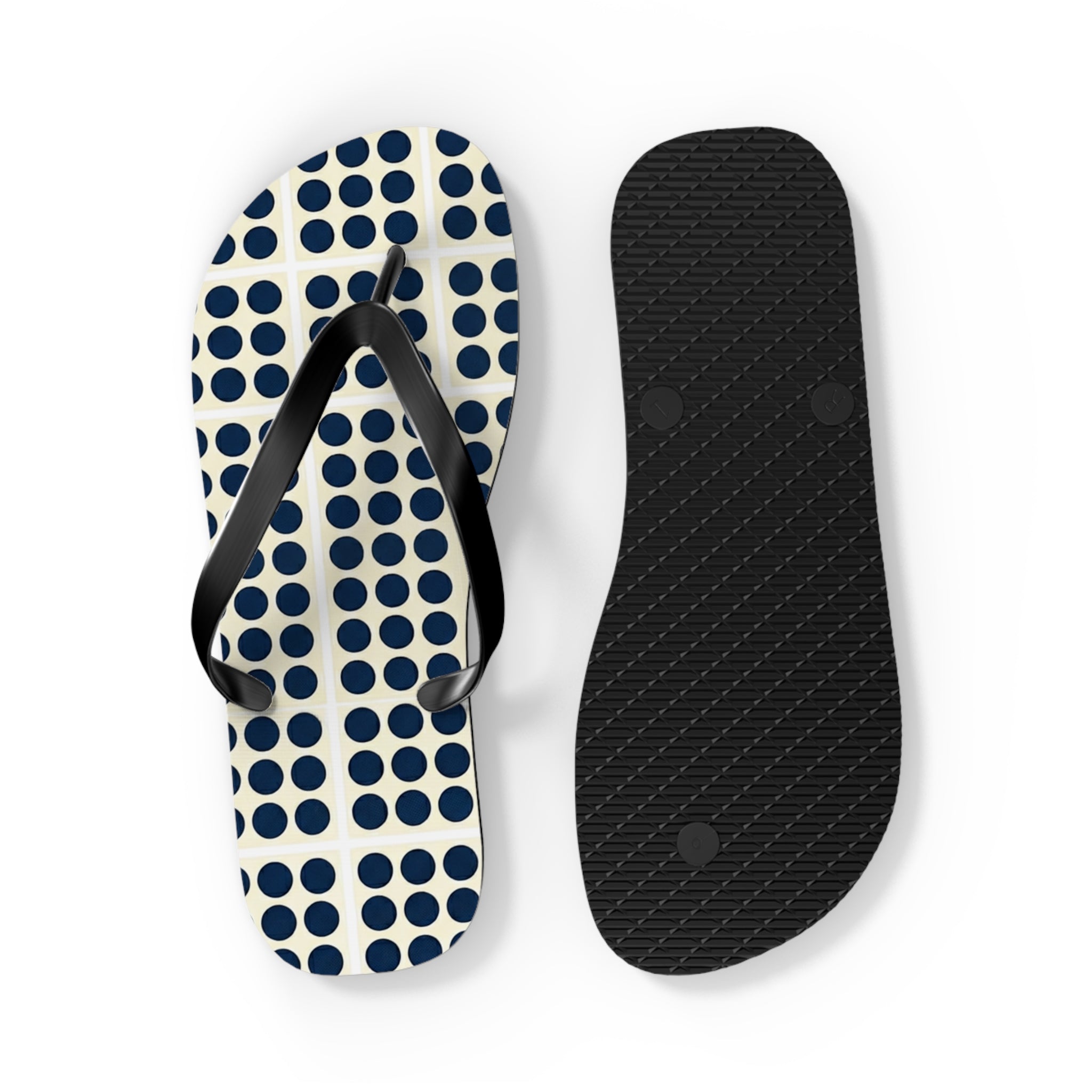 Polka Dot Grid Flip Flops — Navy Retro Beach Sandals