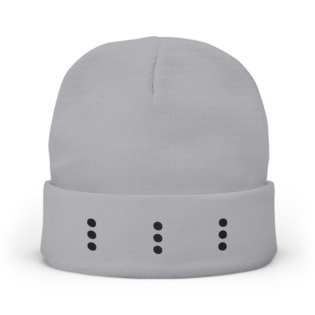 Embroidered Minimal Dot Knit Beanie — Modern Grey Cuffed Winter Hat