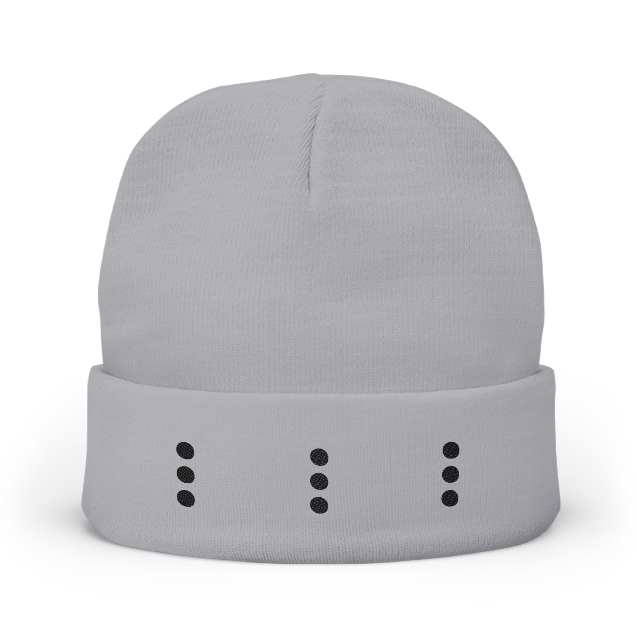 Embroidered Minimal Dot Knit Beanie — Modern Grey Cuffed Winter Hat