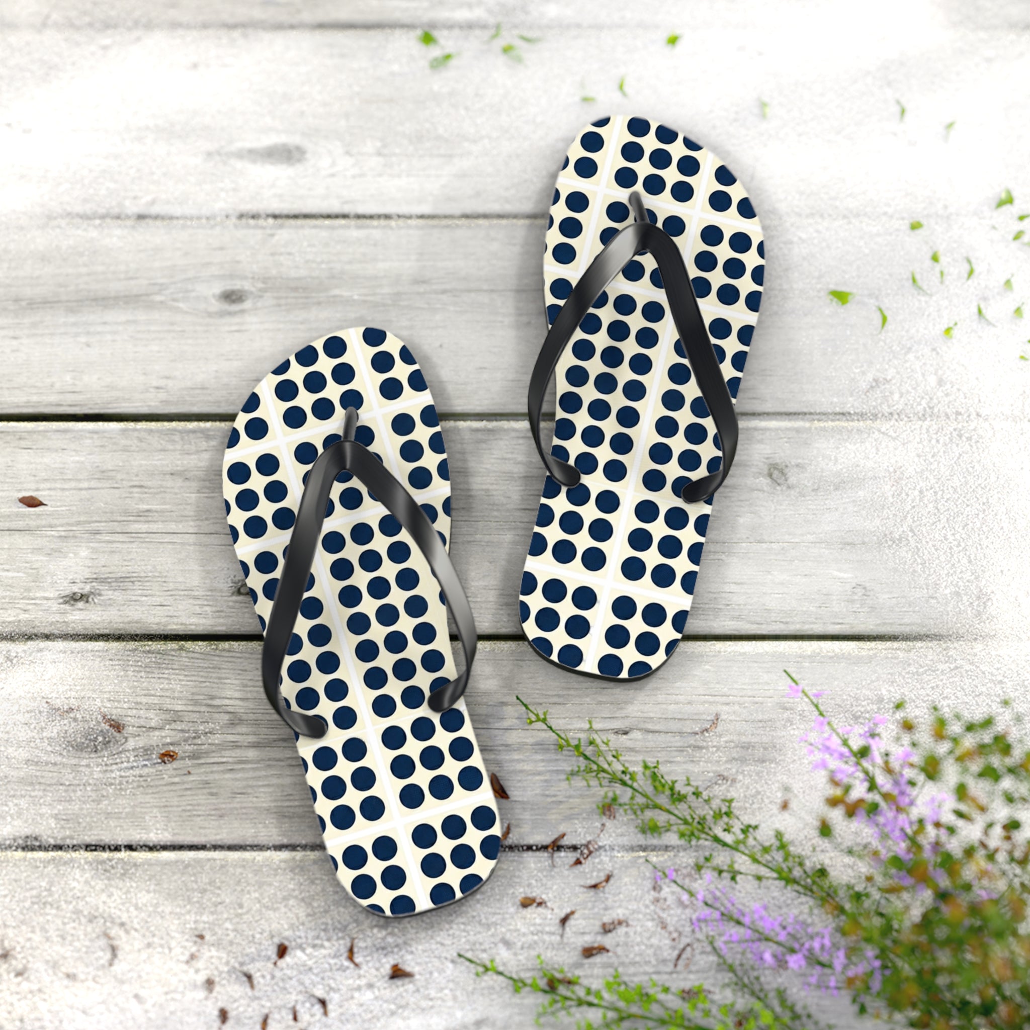 Polka Dot Grid Flip Flops — Navy Retro Beach Sandals